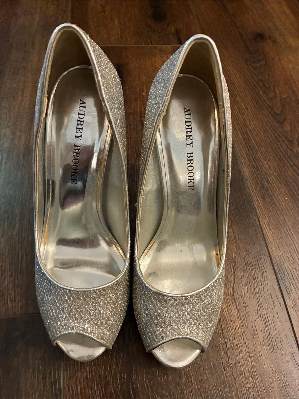 Audrey Brooke Gold Glitter Peep Toe Heels